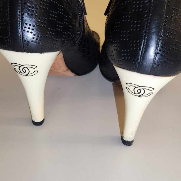 CHANEL Black Perforated Leather Open Toe Booties | Authentic - Picture 7 of 13